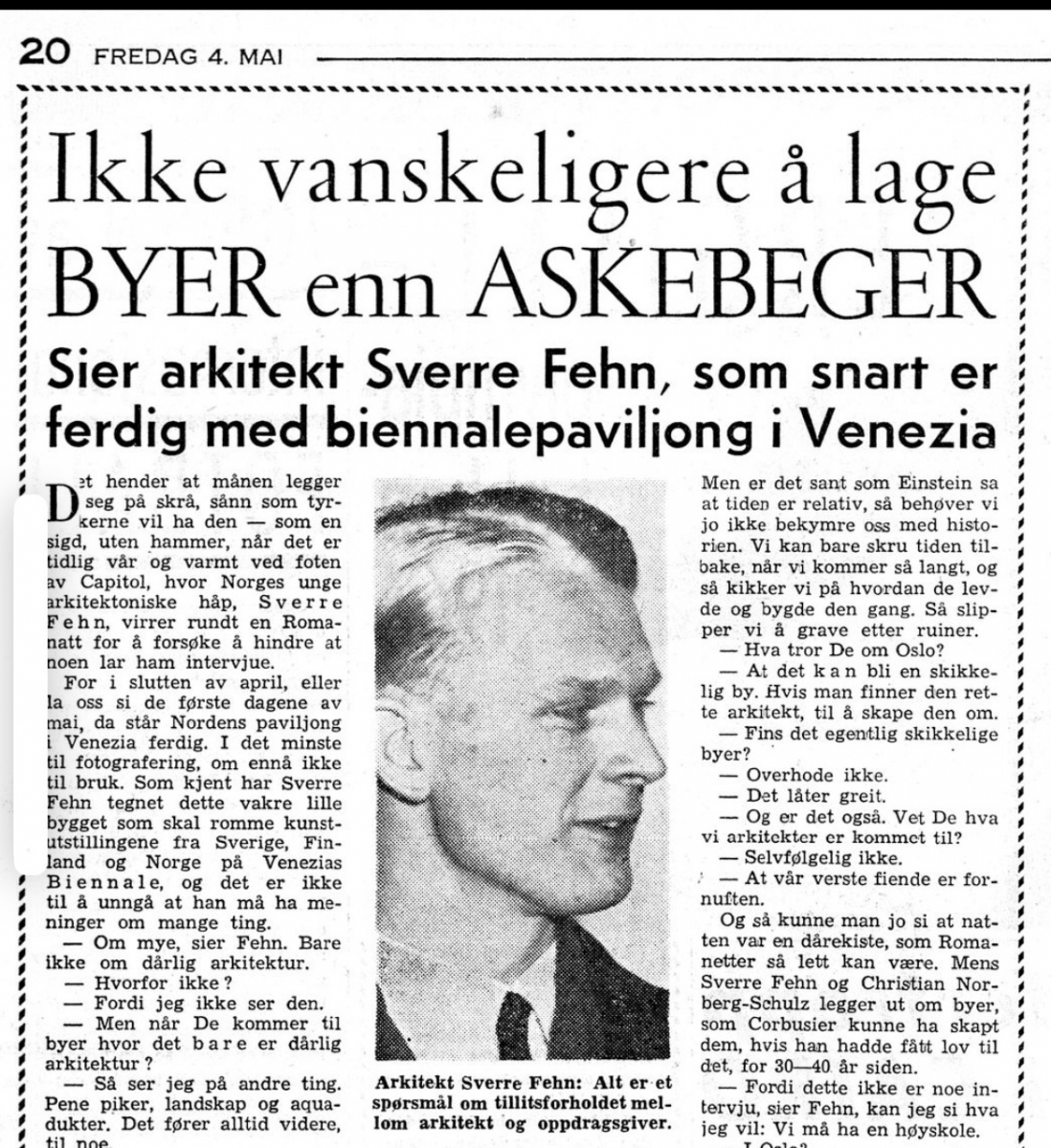 Faksimile fra Arbeiderbladet, 4. mai 1962. Intervju med den unge Fehn.